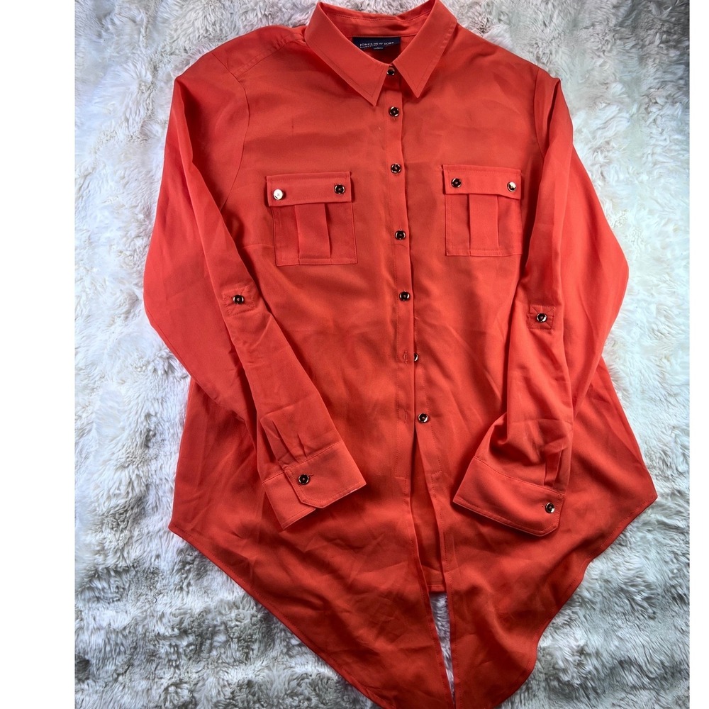 Jones New York Signature Coral Orange Roll Tab Tie Front Button Down Shirt L A11